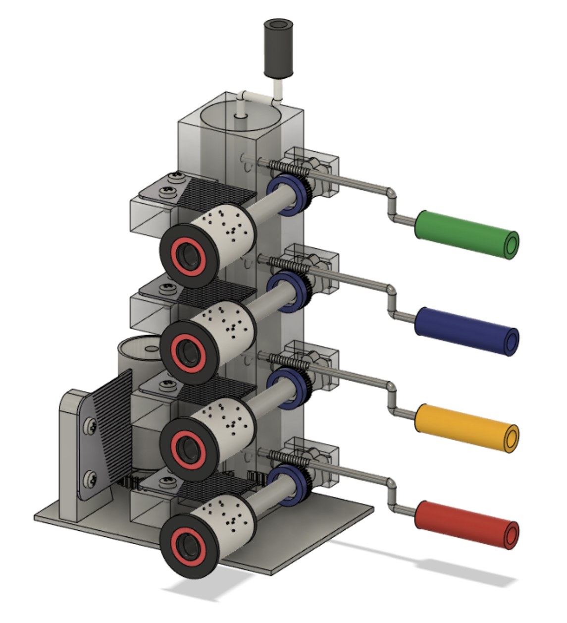 Tactile music puzzle model with four coloured cylinder handles