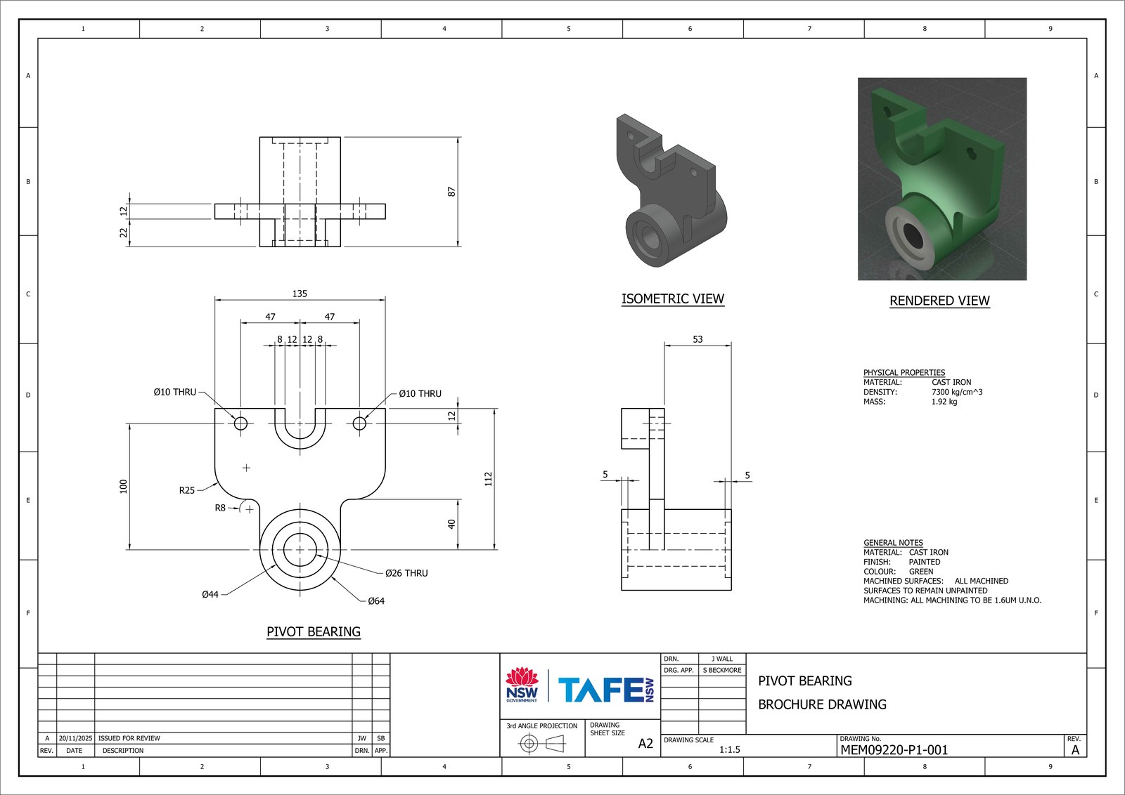 Pivot bearing drawing with rendered isometric and dimensioned views