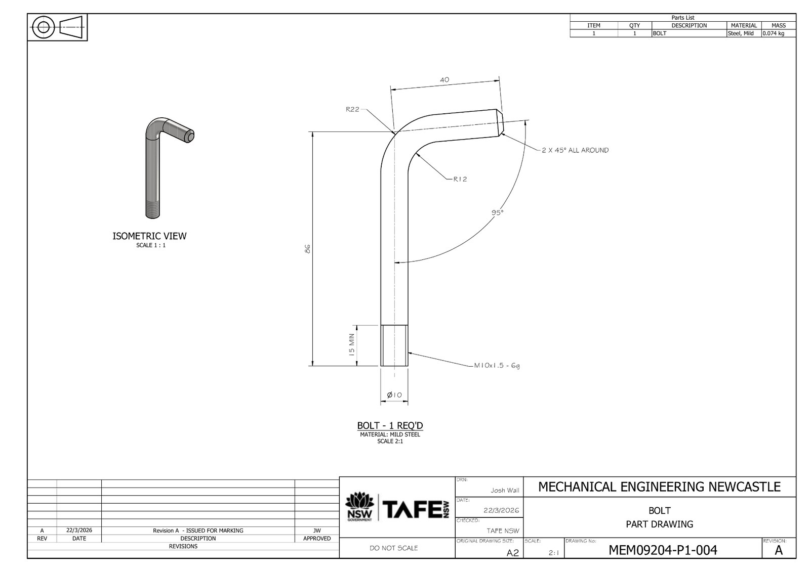 Dimensioned detail drawing of the bolt