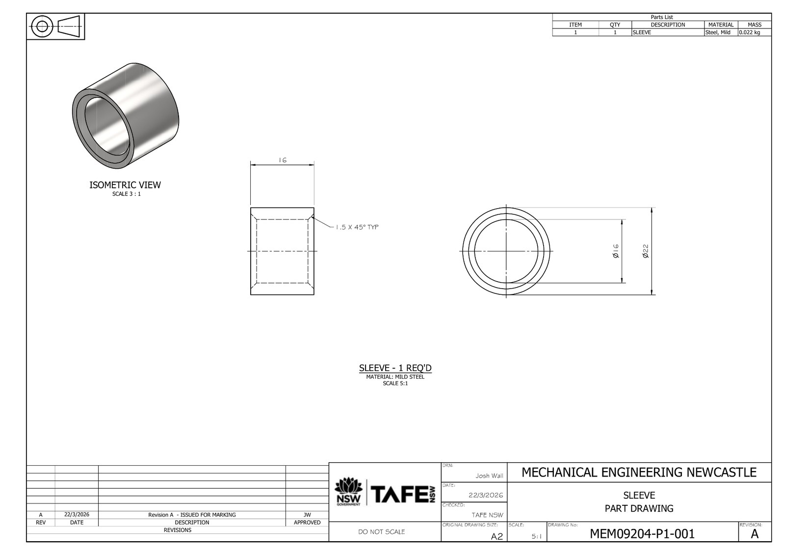 Dimensioned detail drawing of the sleeve