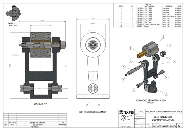 Belt tensioner sectioned assembly and exploded parts list