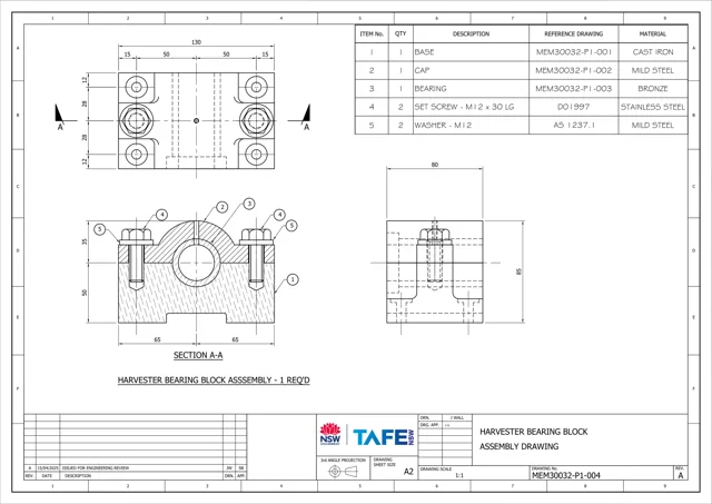Sectioned harvester bearing block assembly drawing with parts list