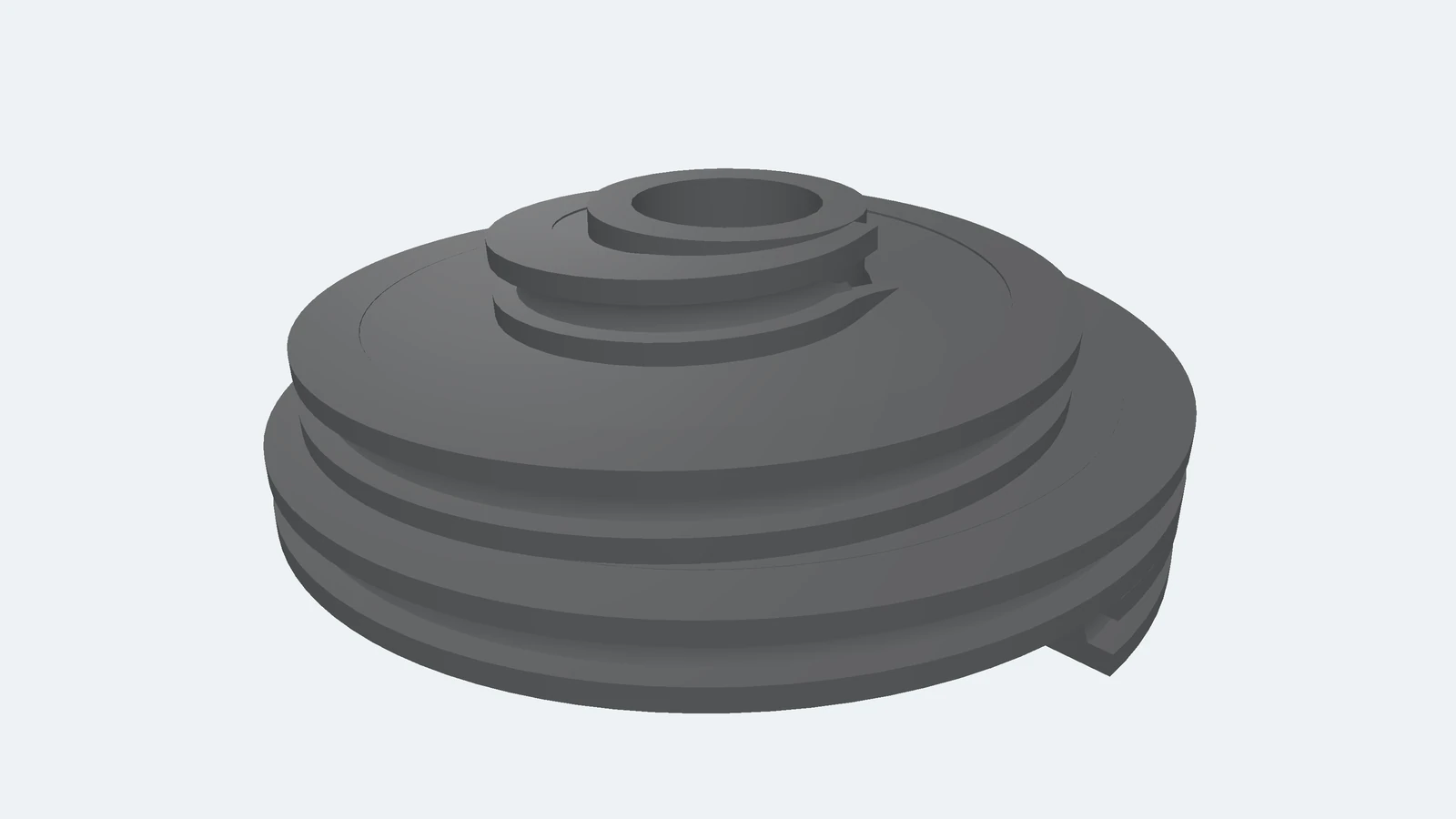 The replacement counterbalance cable pulley in three dimensions, viewed from above one side