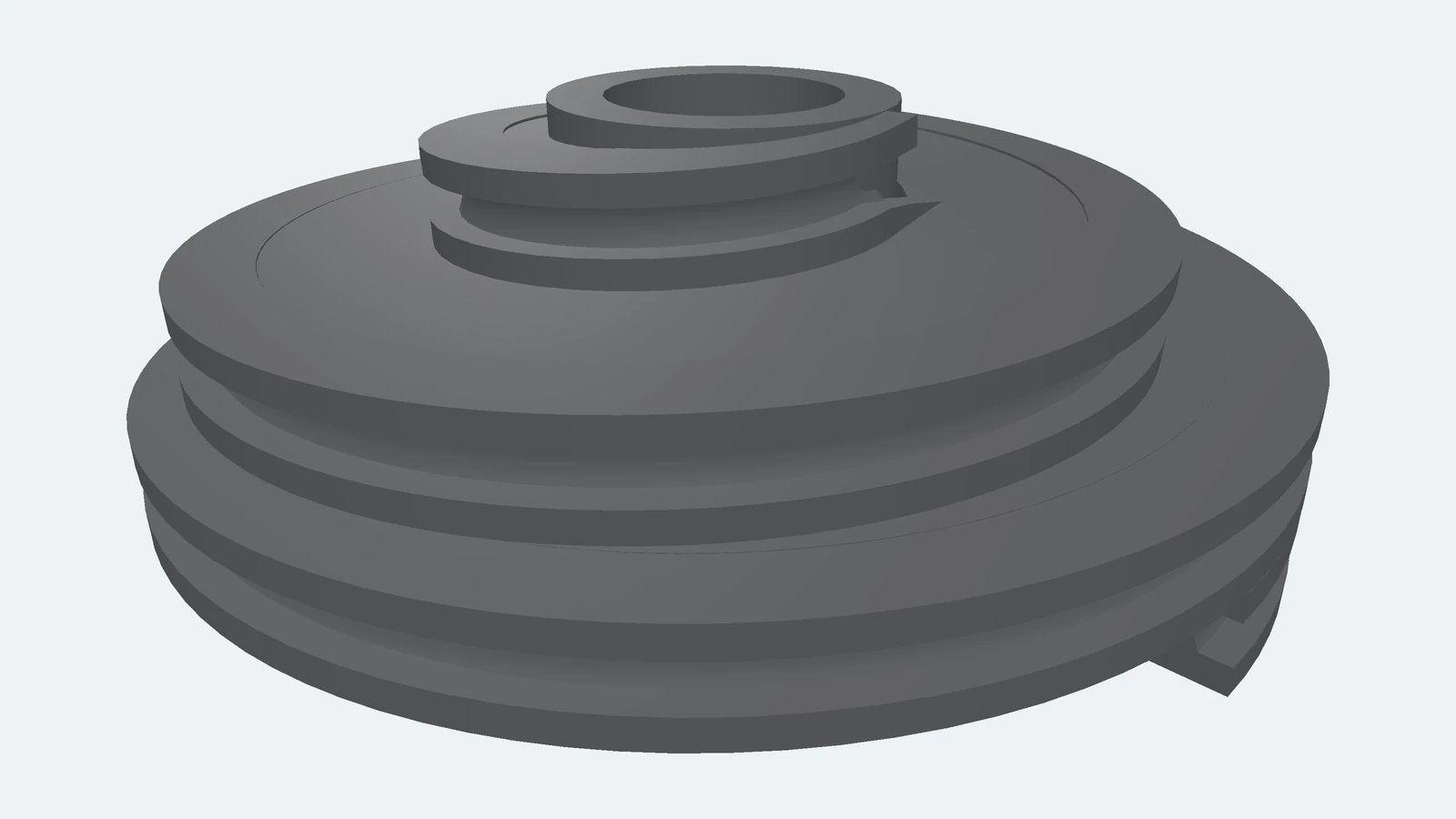 The replacement counterbalance cable pulley in three dimensions, viewed from above one side